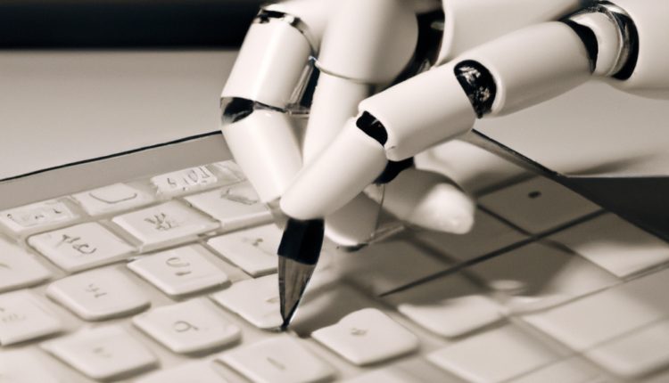 An image showcasing the contrast between an AI system and a human writer creating high-quality content