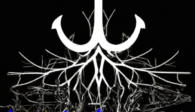 An image of a ship anchor with roots growing out of it, surrounded by ocean waves