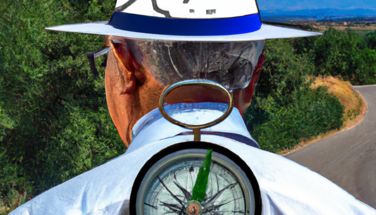 An image of a person in a white hat on a winding road, with green trees and blue sky in the background